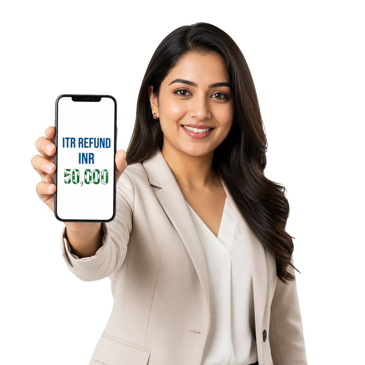 Professional woman holding a phone showing an ITR refund